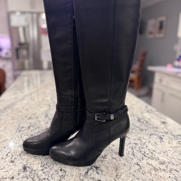TAELYNN Black Leather Knee-High Platform Heeled Boots Size 9.5 - Picture 2 of 8